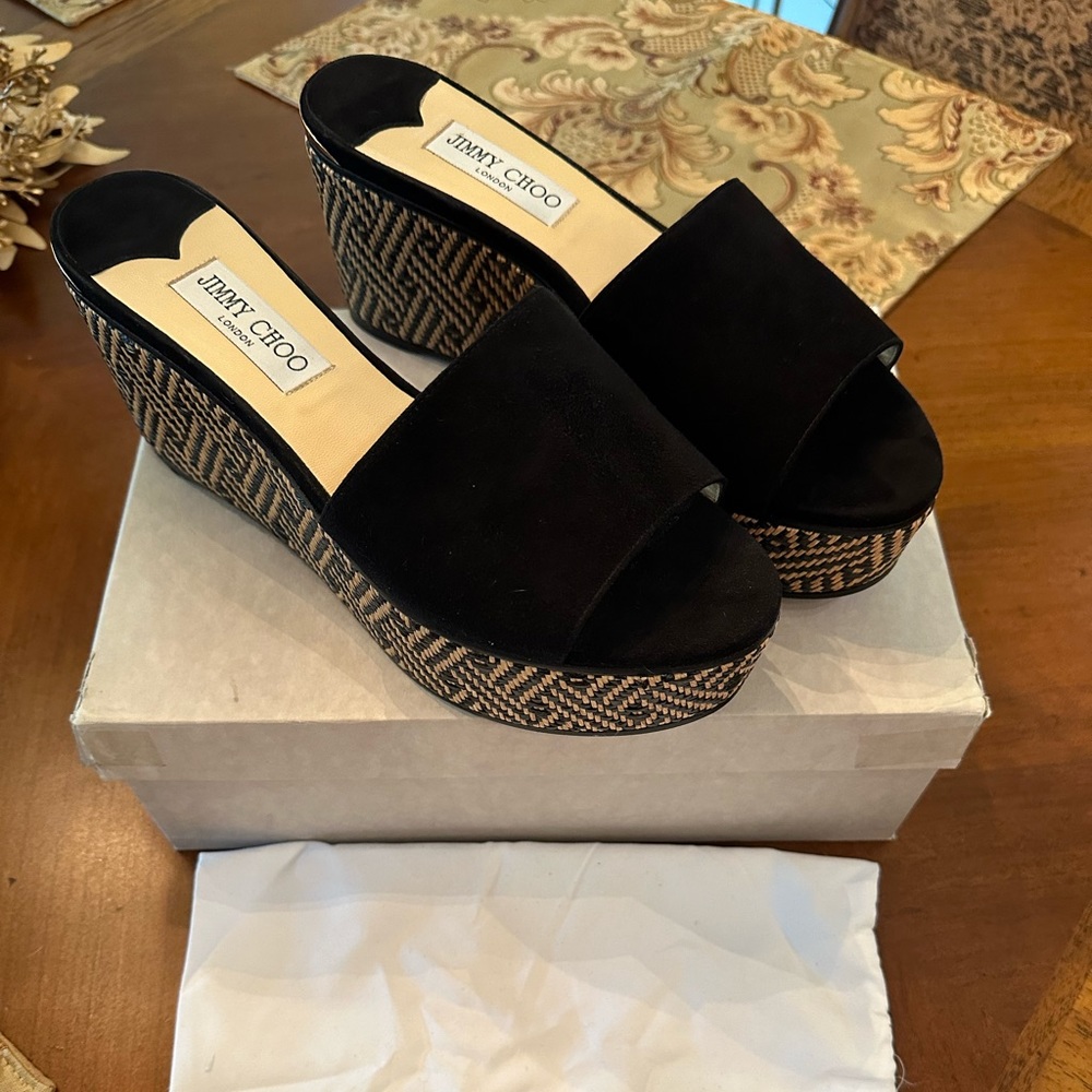 Jimmy Choo DeeDee 80 suede/woven braided wedge sandals
